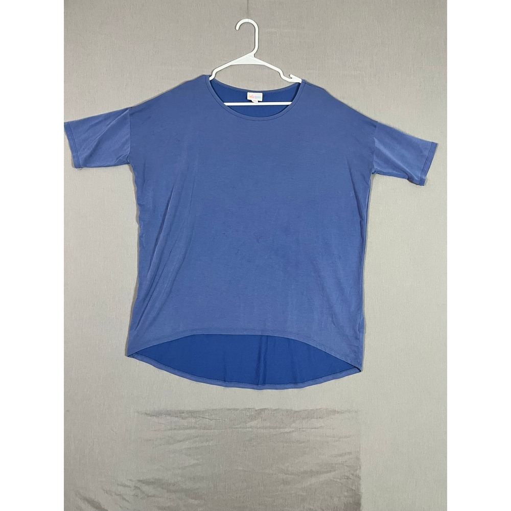 LuLaRoe Irma Tunic Medium Blue High Low Short Sleeve Oversized Top GUC